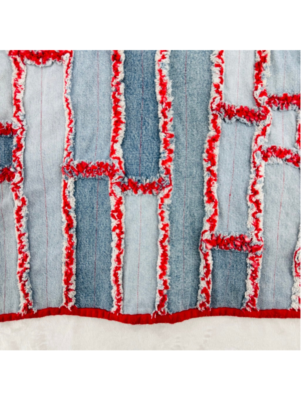 Vintage Heavy Denim Patchwork Jacket Red Lined Raw Fringe Seams Handmade READ - Picture 6 of 11